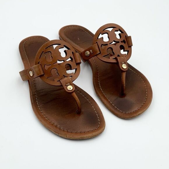 Tory Burch Miller thong Brown Leather Cutout Sandals size 7.5 - Picture 1 of 10